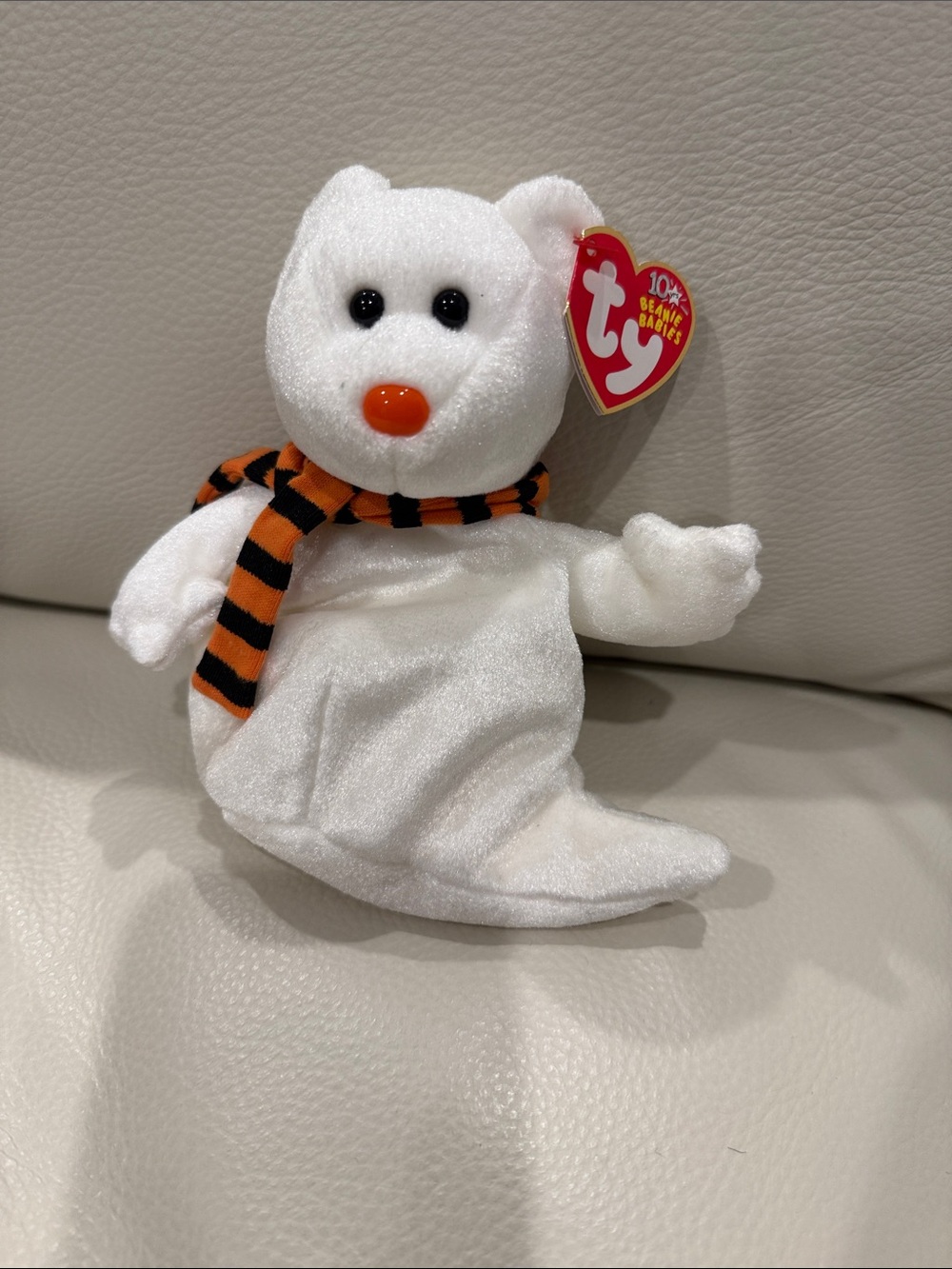 Ty Vintage White Ghost Bear Plush with Orange & Black Striped Scarf